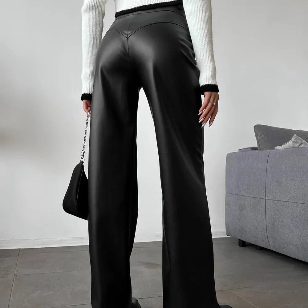 Women Autumn Winter High Waist Leather Stitching Trousers Women Casual Pants Leather Pants