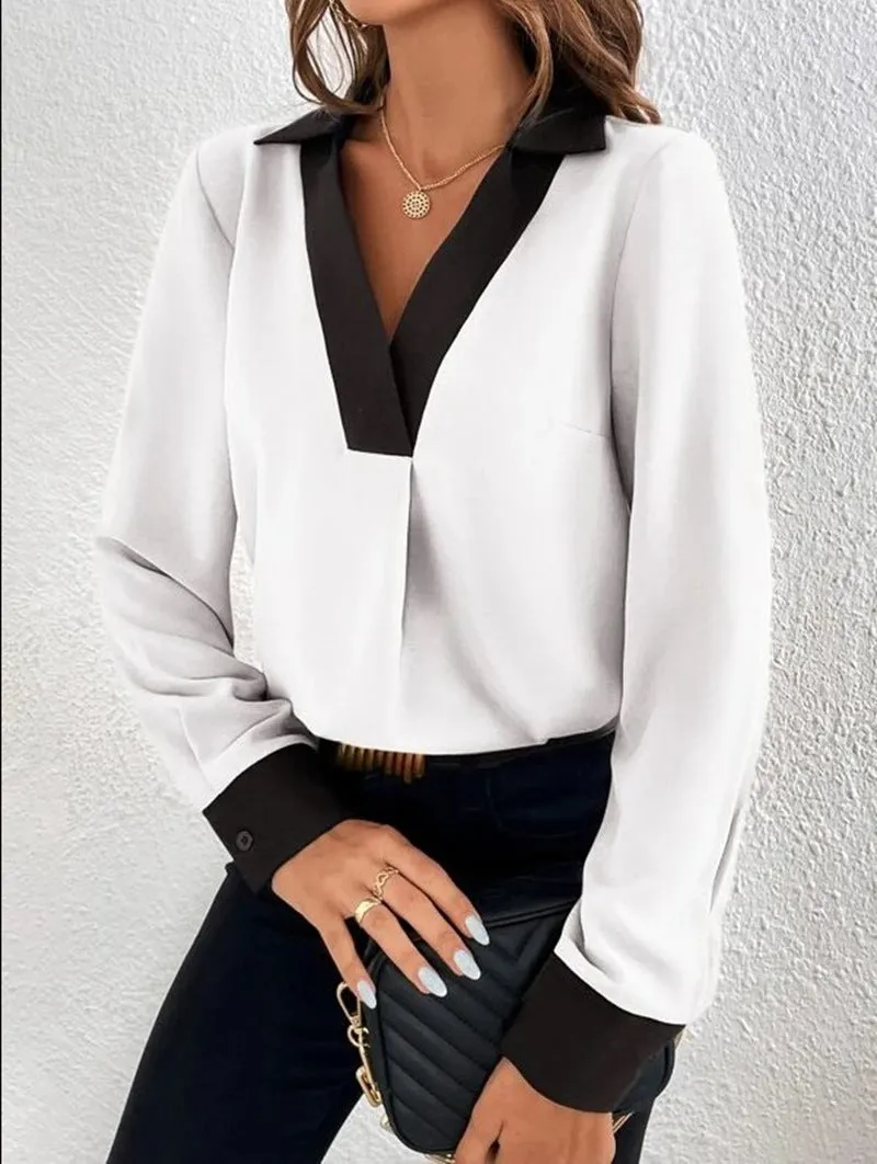 Women's V-collar Contrast Color Casual Shirt