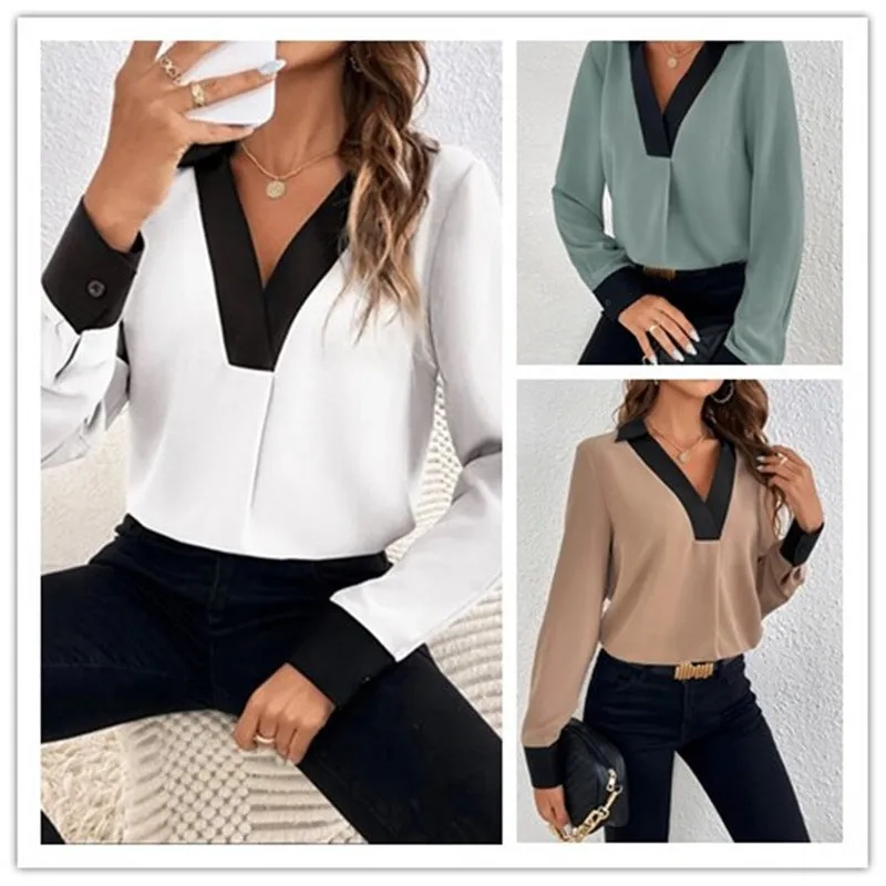 Women's V-collar Contrast Color Casual Shirt