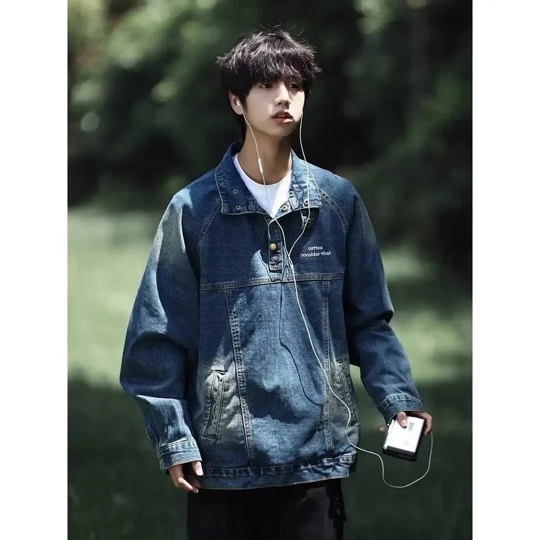 xiangtuibao  -  American Half-high Collar Distressed Denim Hoodies Men's Loose Casual High Street Workwear Jacket Men Overcoat Male Clothes