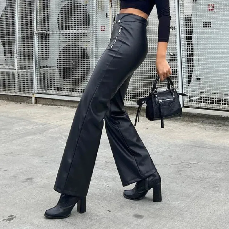 Y2K Fashion Leather High Waist Sexy Zipper Straight Slim Streetwear Winter Pants